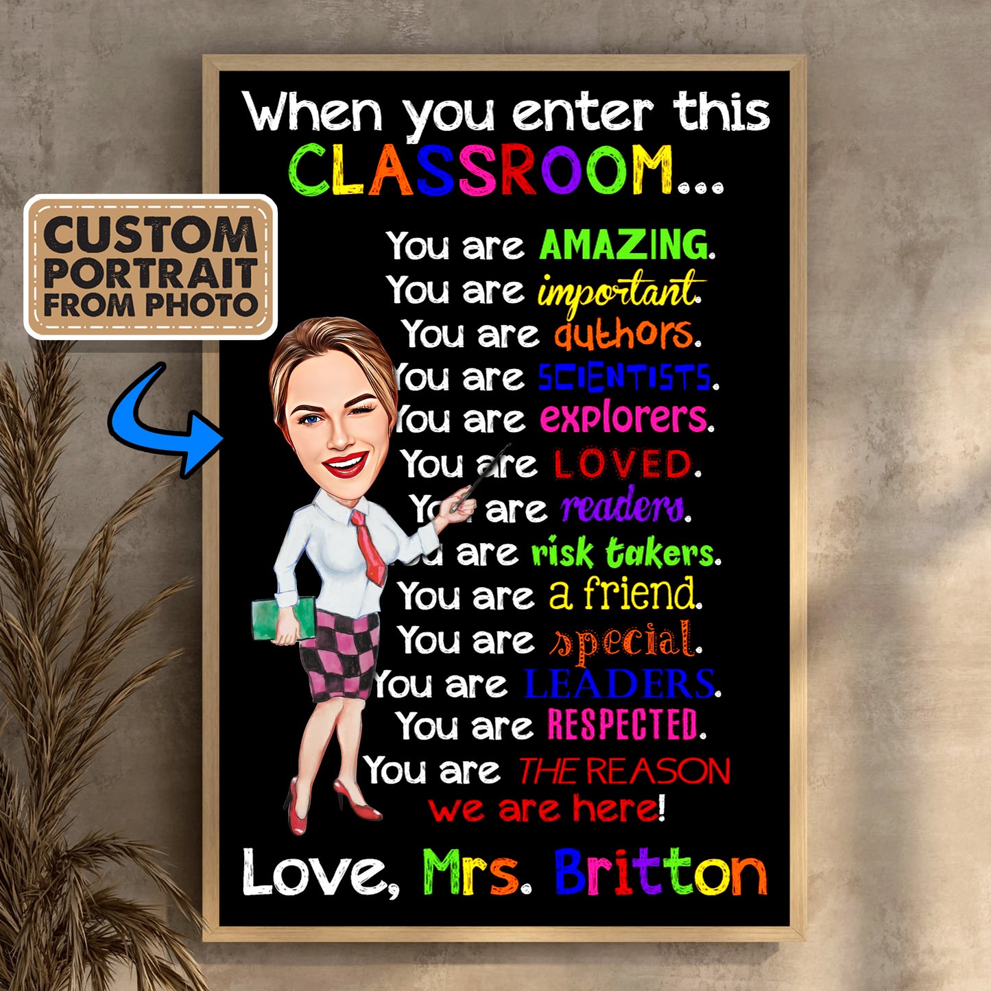 When you enter this Classroom You are Amazing - Custom Name Teacher Poster Canvas - Custom Cartoon Portrait From Your Photo - Back To School