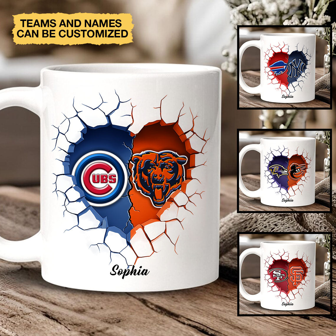 Two Teams Heart Mug - Customized Ceramic Mugs - Two-Sided Printing (clt)