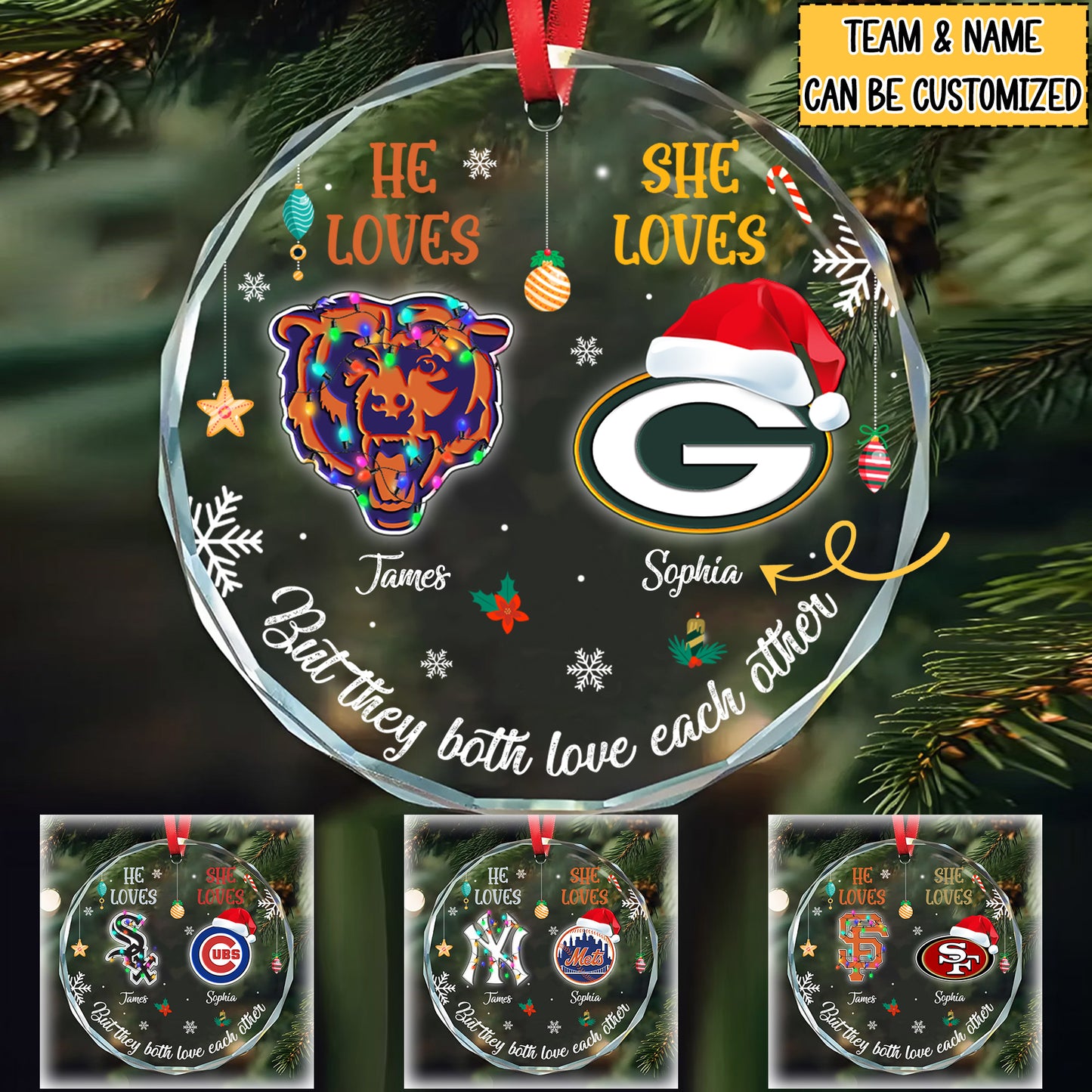 He Loves She Loves Round Glass Ornament - Customized Ornament