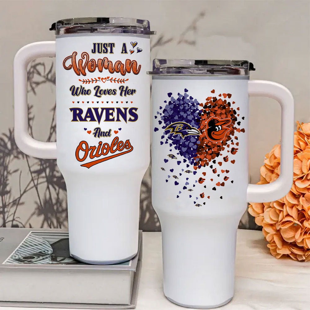 Just A Woman Who Loves Her Baltimore Football And Baseball Tumbler