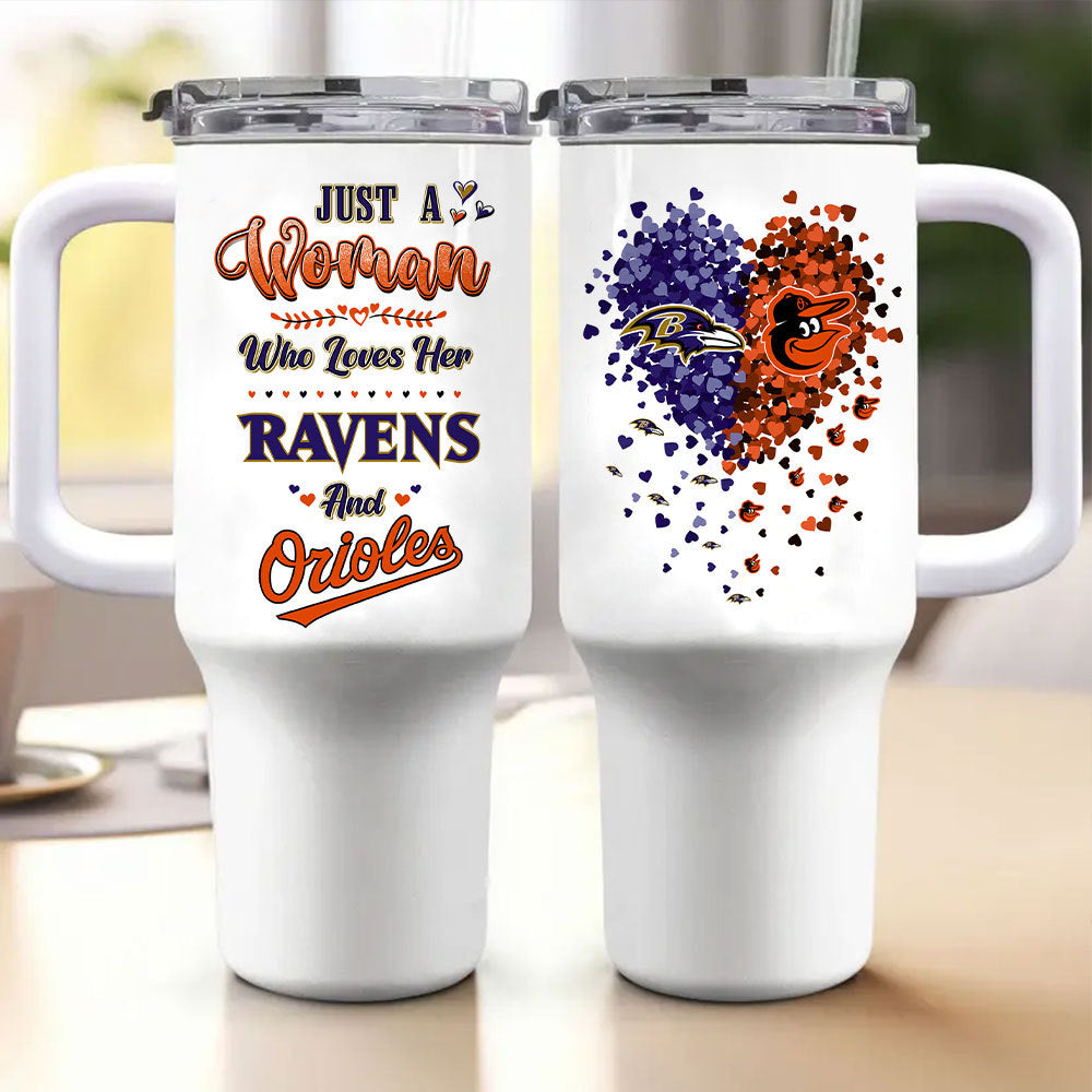 Just A Woman Who Loves Her Baltimore Football And Baseball Tumbler