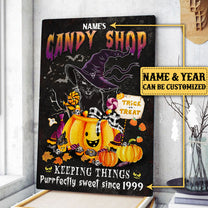 Personalized Black Cat Candy Shop Halloween Poster & Canvas