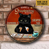 Personalized Scrapbooking Is Cheaper Than Therapy Black Cat Wood Round Sign